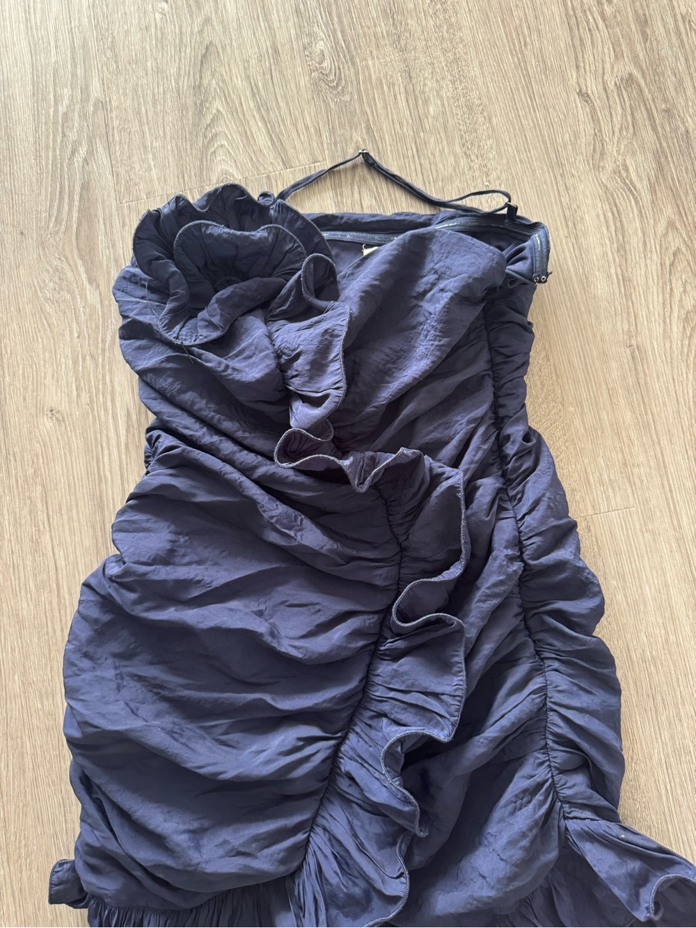 Moon River Navy Strapless Dress with Front Ruffle Accent